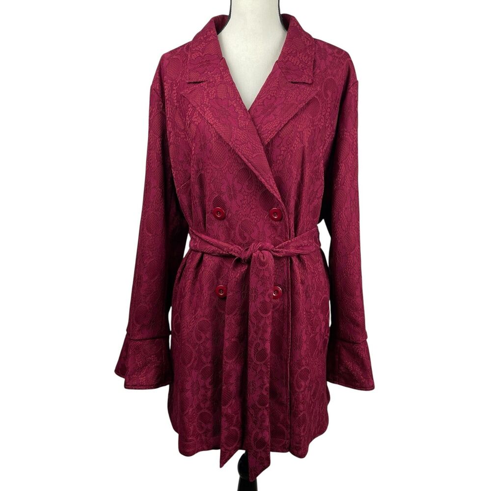 Hues of Ego Women's Trench Coat 1X Burgundy Floral Lace Double Breasted Belted